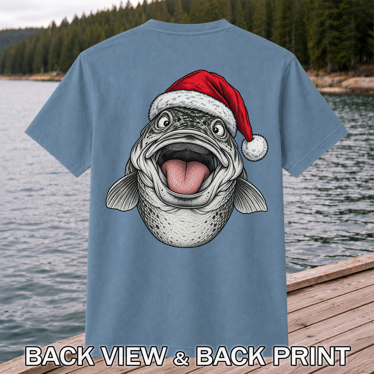 Funny Santa Hat Trout Christmas Fishing Graphic T-Shirt | Back Print