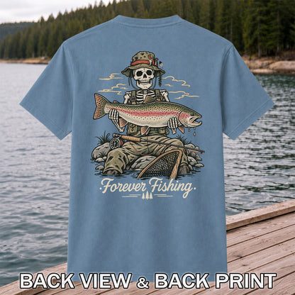 Forever Fishing Skeleton Holding Rainbow Trout Graphic T-Shirt | Back Print