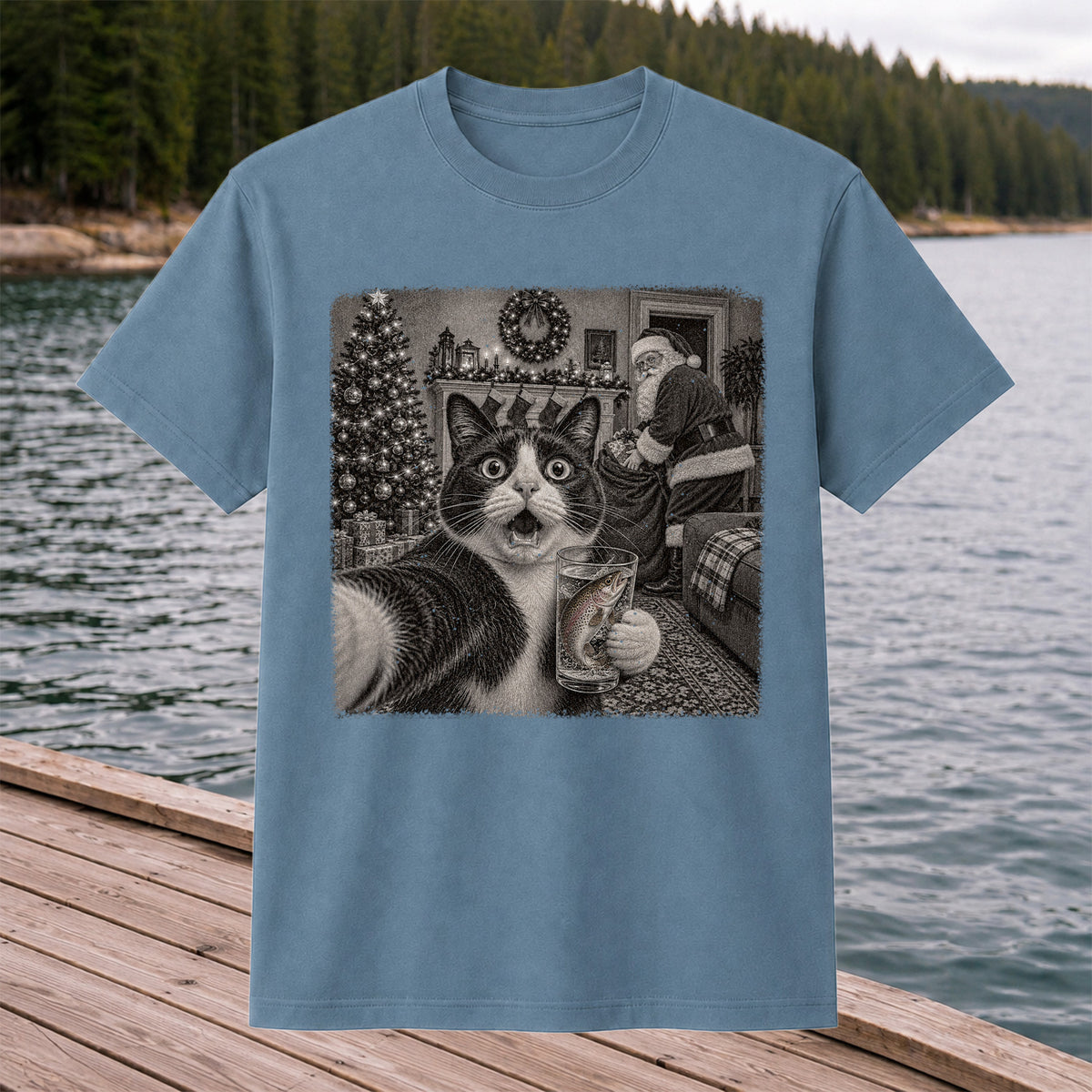 Christmas Cat Holding a Fish Mug Holiday Graphic T-Shirt