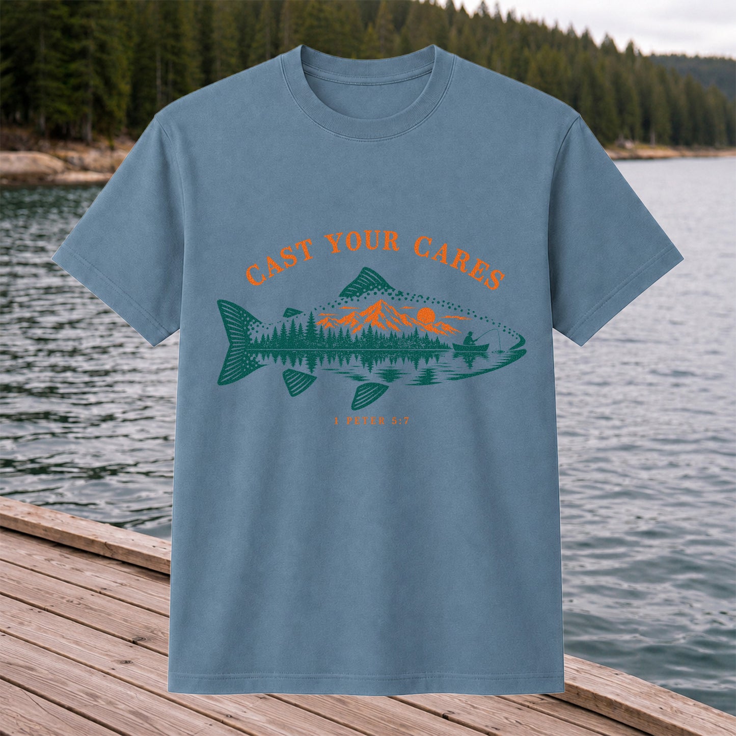 Cast Your Cares 1 Peter 5:7 Fish Silhouette Mountain Lake Fishing T-Shirt