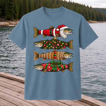 Festive Christmas Trout Santa and Gingerbread Fishing T-Shirt