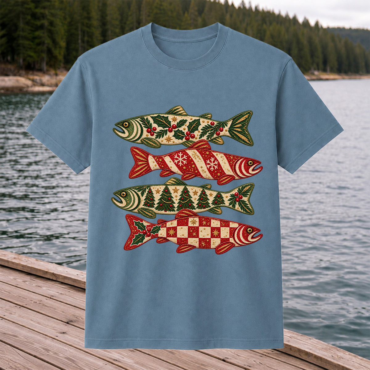 Christmas Trout Holiday Pattern Fishing Graphic T-Shirt