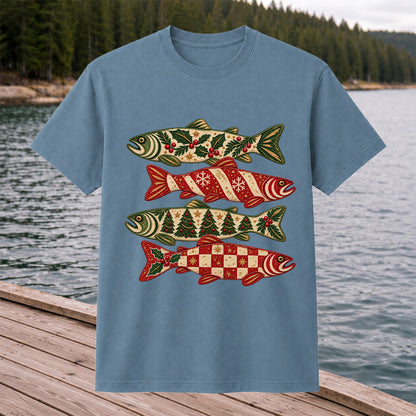 Christmas Trout Holiday Pattern Fishing Graphic T-Shirt