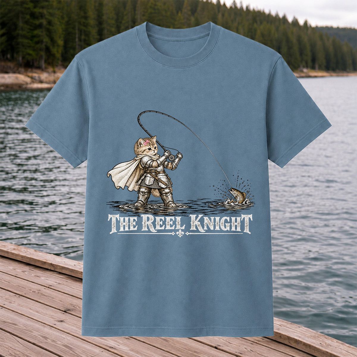 The Reel Knight Cat in Armor Funny Fishing Graphic T-Shirt