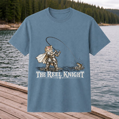 The Reel Knight Cat in Armor Funny Fishing Graphic T-Shirt