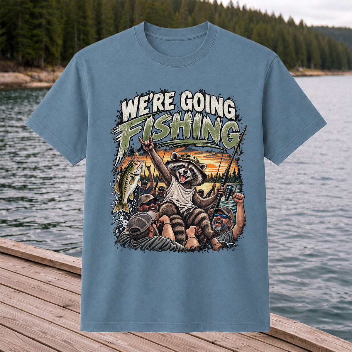 We're Going Fishing Raccoon Outdoor Fishing Graphic T-Shirt