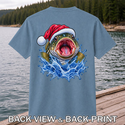 Santa Hat Bass Splash Fishing Graphic T-Shirt | Back Print