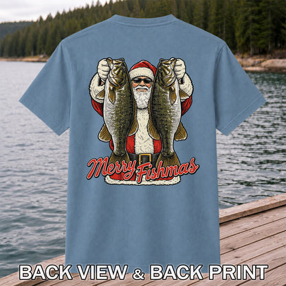 Santa Holding Bass Christmas Fishing Graphic T-Shirt | Back Print
