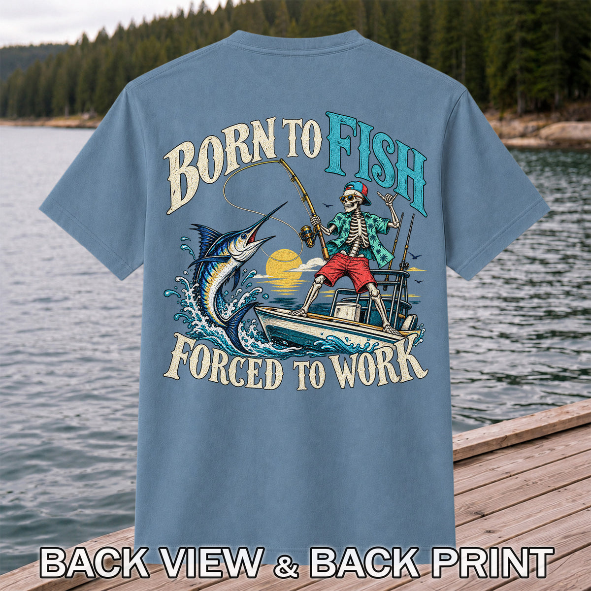 Skeleton Marlin Fishing Boat Graphic T-Shirt | Back Print