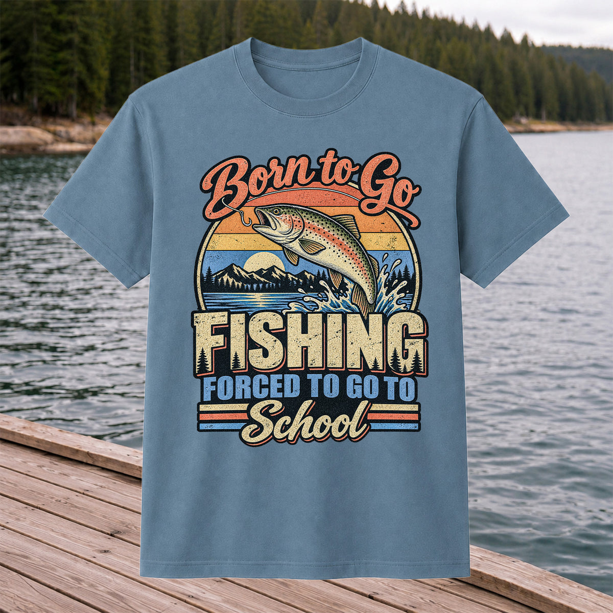 Born to Go Fishing Forced to Go to School Retro Rainbow Trout T-Shirt