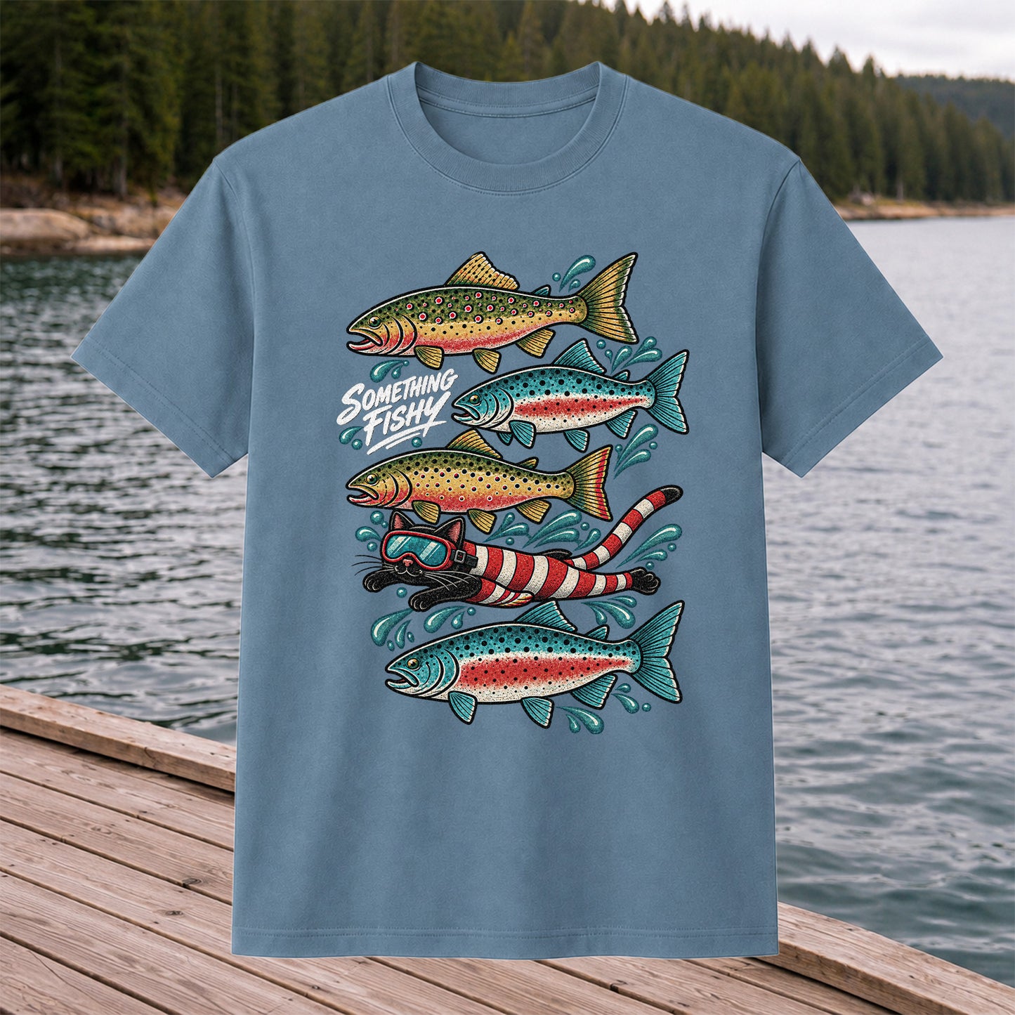 Something Fishy Trout and Snorkeler Fishing Graphic T-Shirt