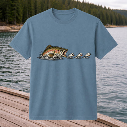 Brown Trout Chasing Fishing Lures Hand-Drawn Graphic T-Shirt