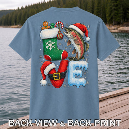 LOVE Christmas Rainbow Trout Fishing Graphic T-Shirt | Back Print