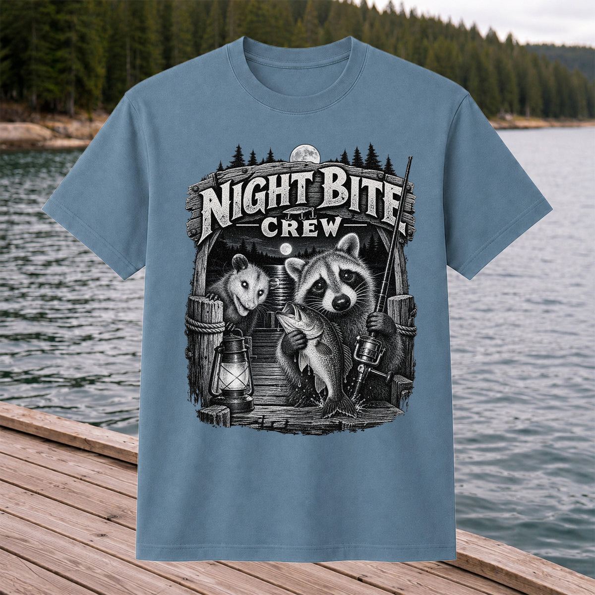 Night Bite Crew Raccoon and Bass Fishing Graphic T-Shirt