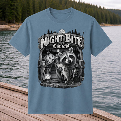 Night Bite Crew Raccoon and Bass Fishing Graphic T-Shirt