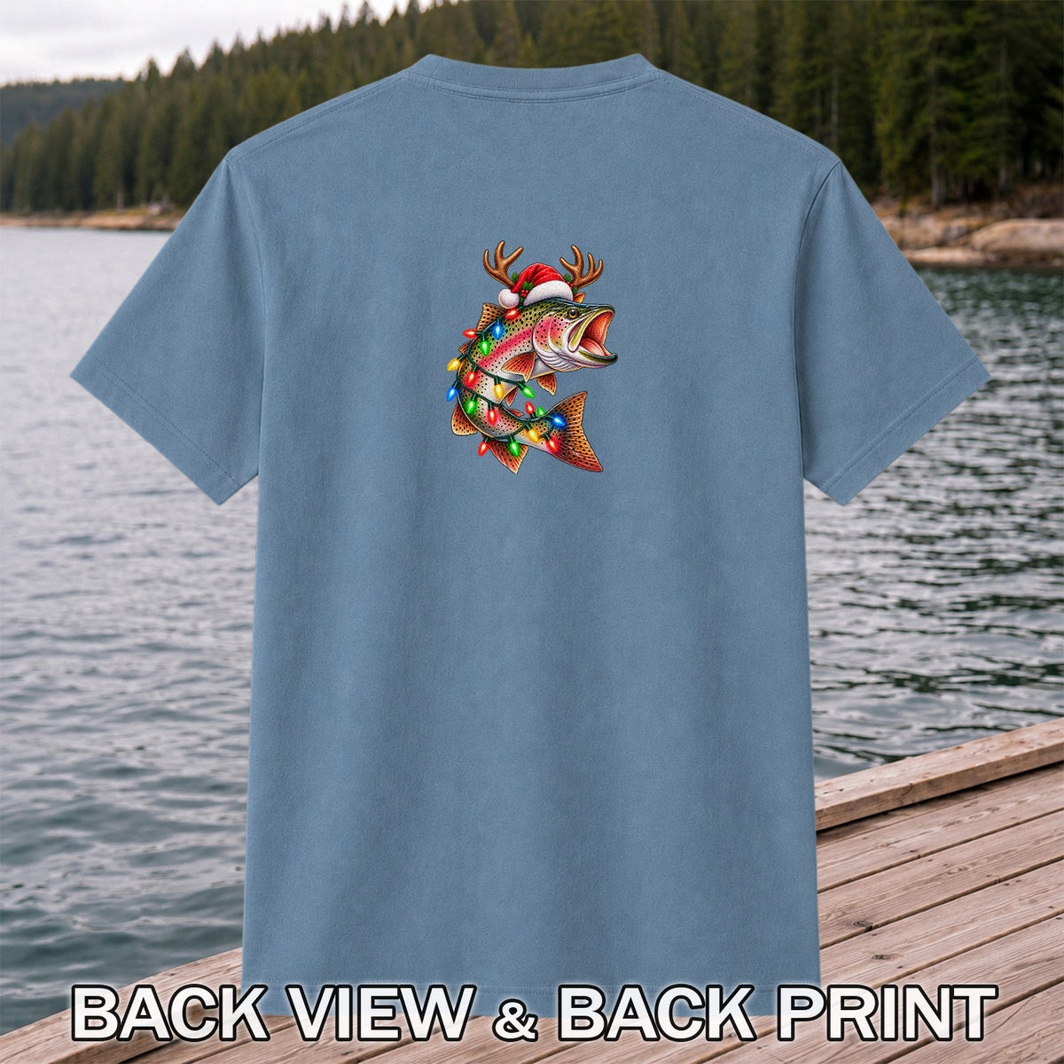 Christmas Rainbow Trout with Santa Hat, Antlers and Holiday Lights Fishing T-Shirt | Back Print