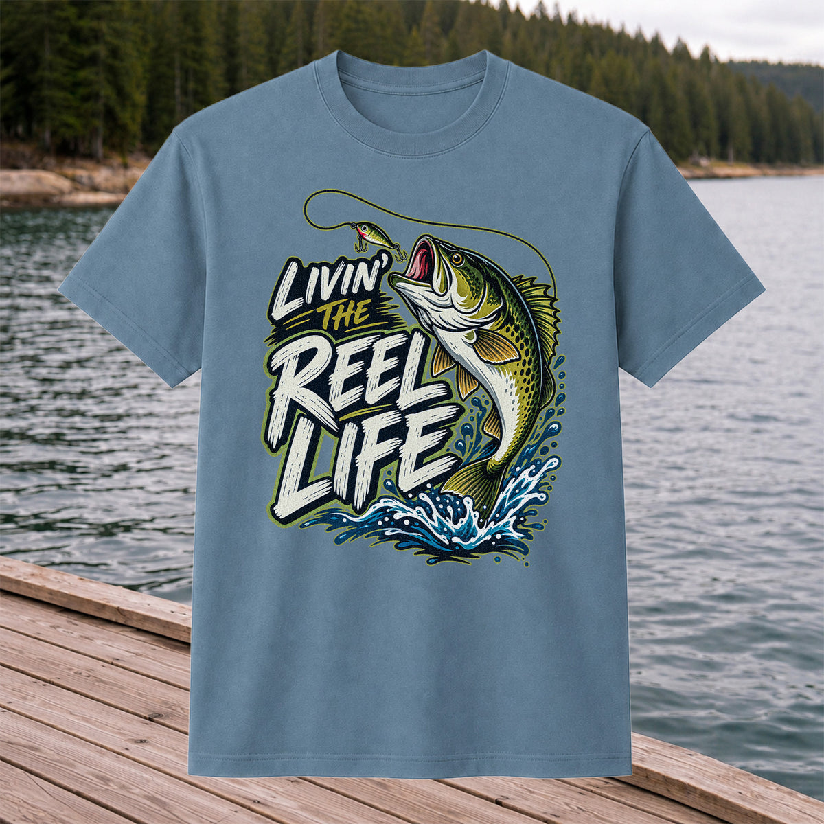 Livin' the Reel Life Jumping Bass Fishing Graphic T-Shirt