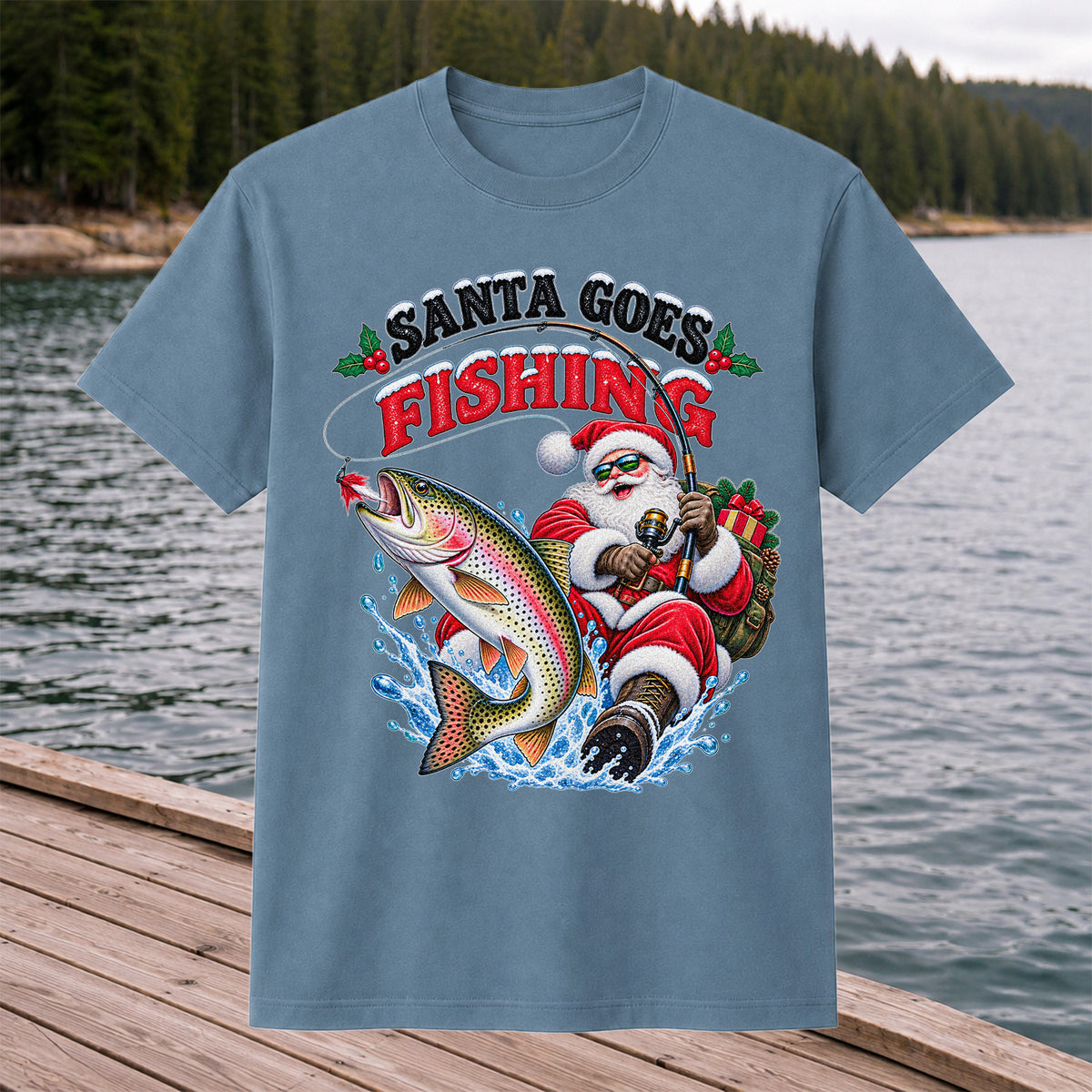 Santa Goes Fishing Rainbow Trout Christmas Graphic T-Shirt