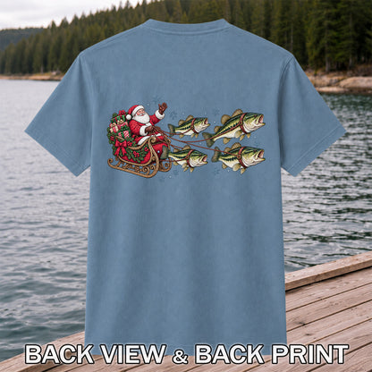 Santa in a Sleigh Pulled by Bass Christmas Fishing Graphic T-Shirt | Back Print
