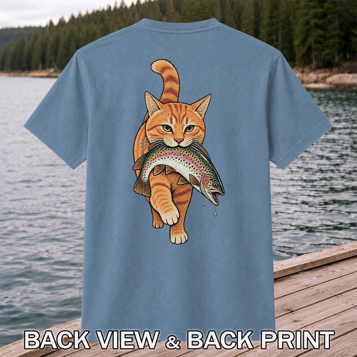 Cat Holding Trout Funny Fishing Graphic T-Shirt | Back Print
