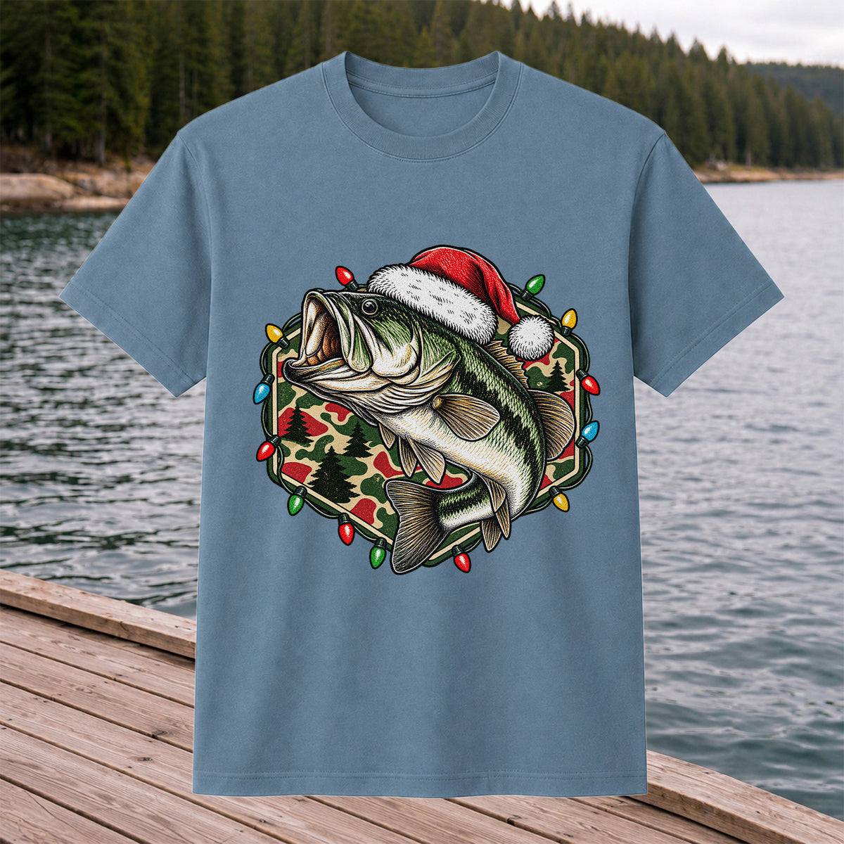 Santa Hat Largemouth Bass Christmas Fishing Graphic T-Shirt