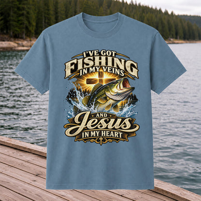 I've Got Fishing in My Veins and Jesus in My Heart Bass and Cross T-Shirt