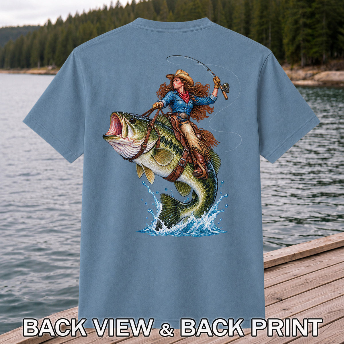 Cowgirl Riding a Largemouth Bass Fishing Graphic T-Shirt | Back Print