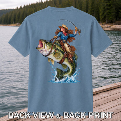 Cowgirl Riding a Largemouth Bass Fishing Graphic T-Shirt | Back Print