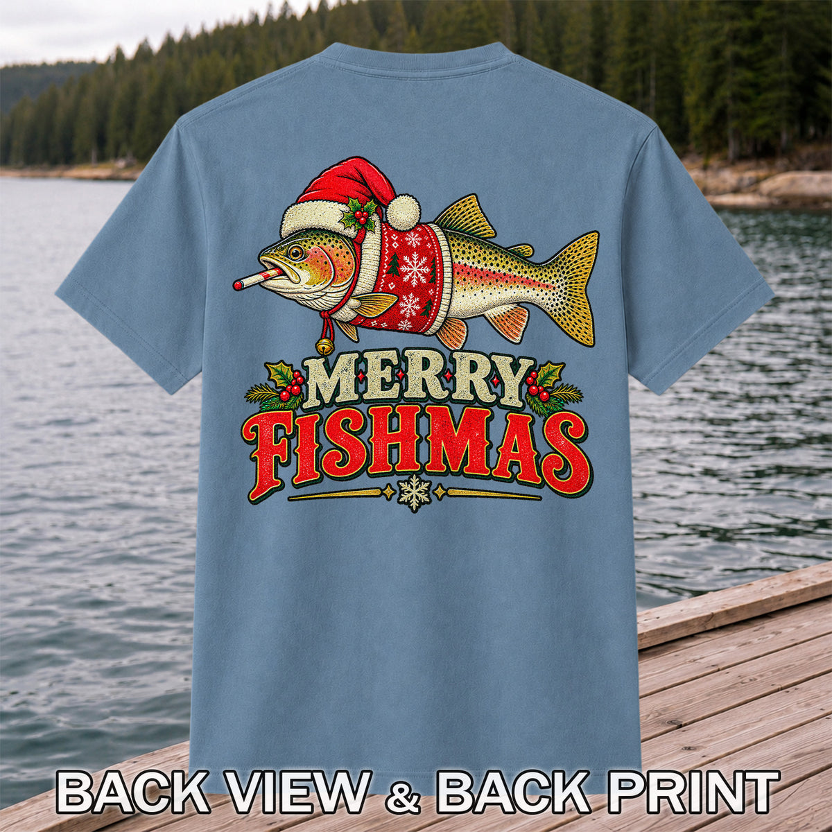 Christmas Trout Santa Fishing Graphic T-Shirt | Back Print