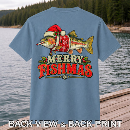 Christmas Trout Santa Fishing Graphic T-Shirt | Back Print