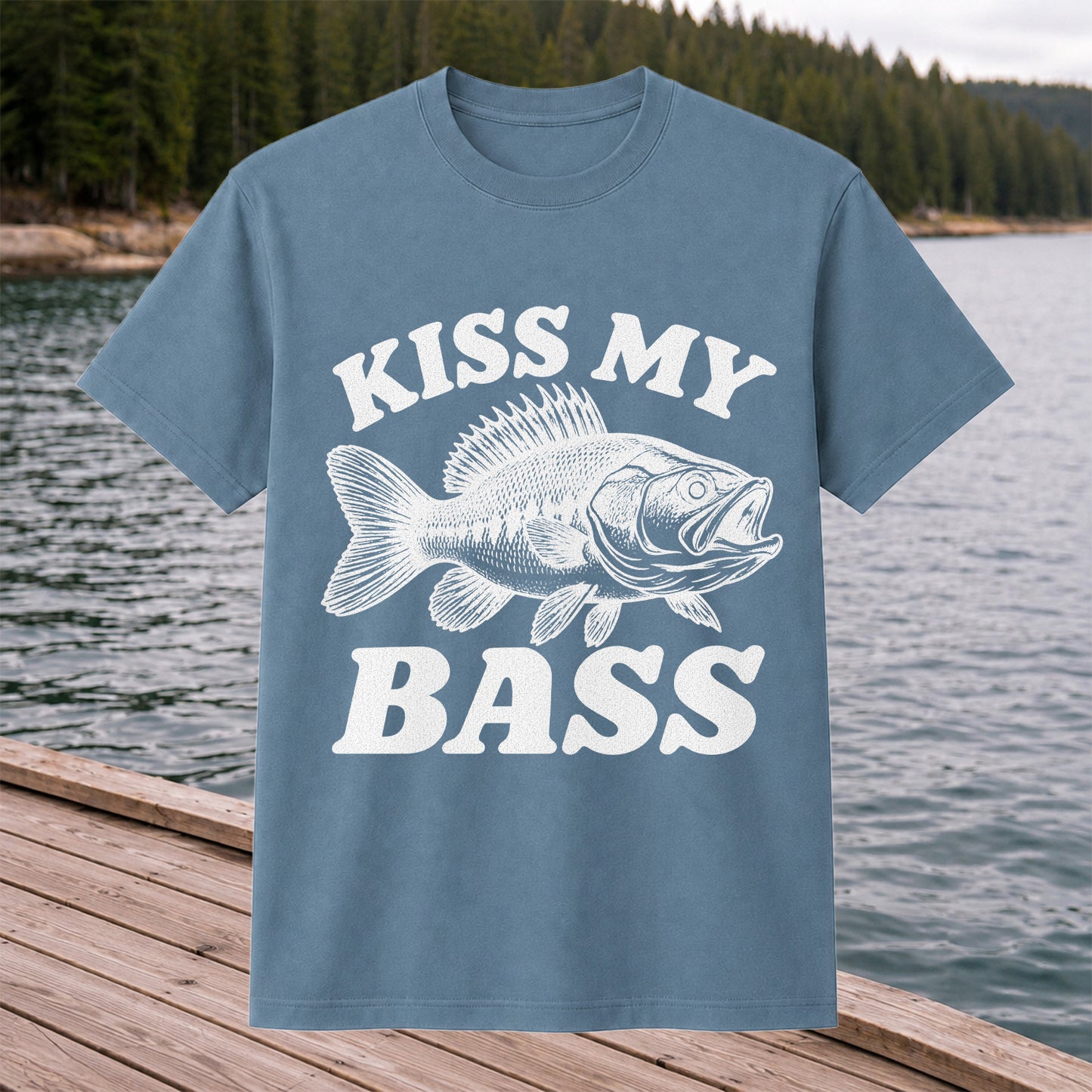 Kiss My Bass Blue Bass Funny Fishing Graphic T-Shirt