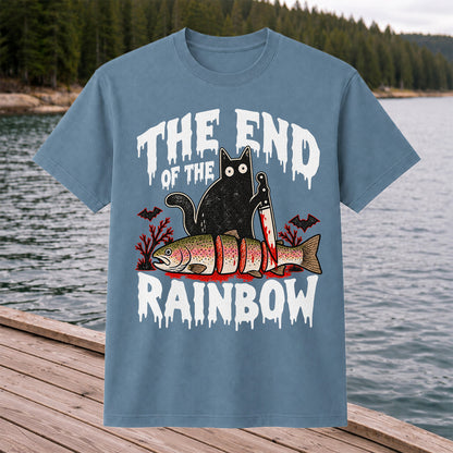 The End of the Rainbow Black Cat and Rainbow Trout Halloween Fishing T-Shirt