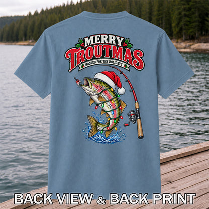 Merry Troutmas Hooked for the Holidays Rainbow Trout Christmas Fishing T-Shirt | Back Print