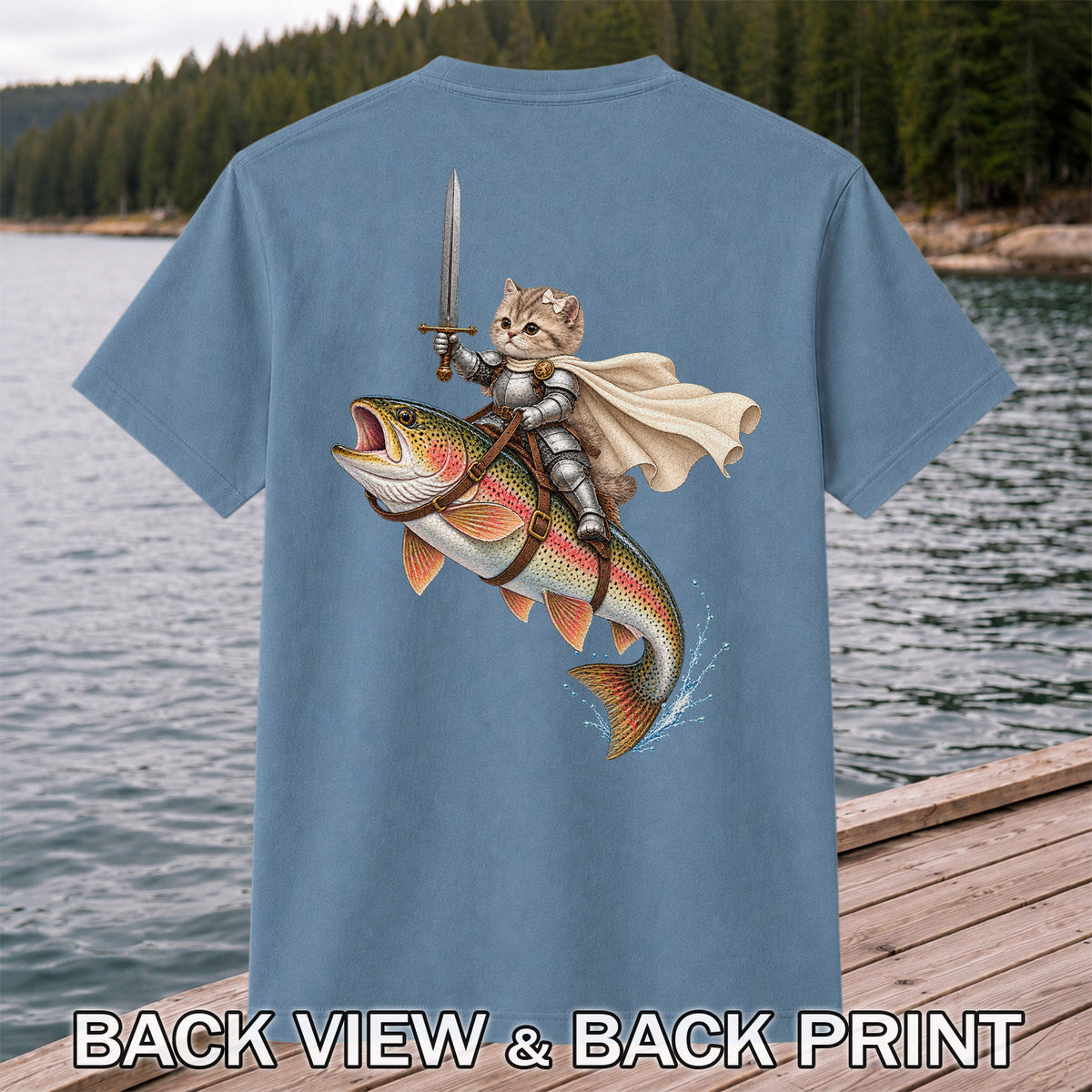 Cat Knight Riding a Rainbow Trout Fishing Graphic T-Shirt | Back Print