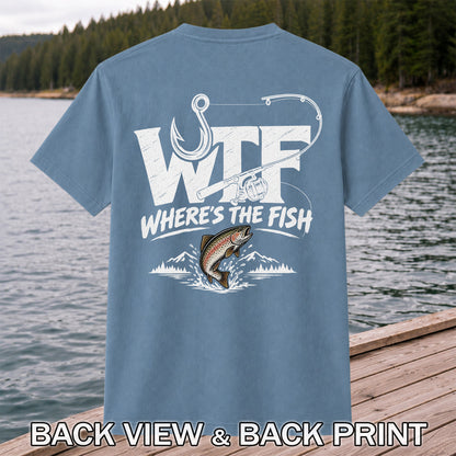 WTF Where's the Fish Jumping Trout and Fishing Rod T-Shirt | Back Print