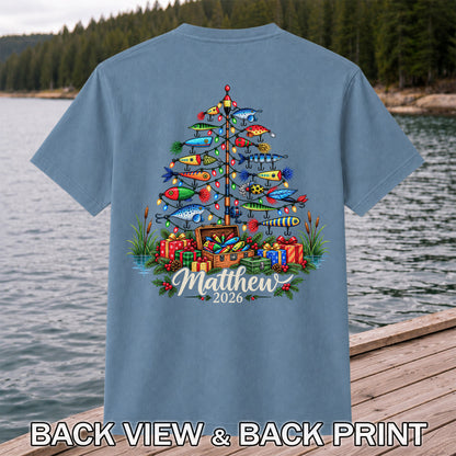 Personalized Christmas Fishing Lure Tree Name Graphic T-Shirt | Back Print