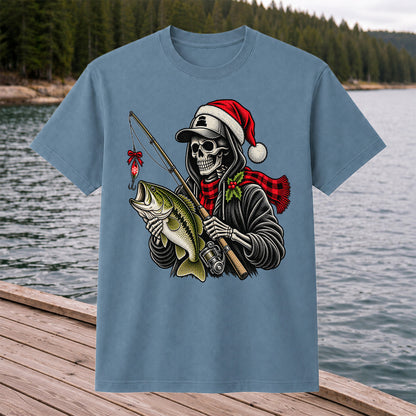 Christmas Skeleton Angler with Santa Hat and Bass Fishing T-Shirt