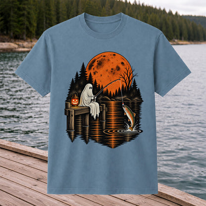 Ghost Fishing for Rainbow Trout Under an Orange Moon Halloween T-Shirt