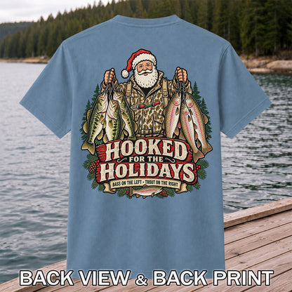 Hooked for the Holidays Bass on the Left Trout on the Right Santa Christmas Fishing T-Shirt | Back Print
