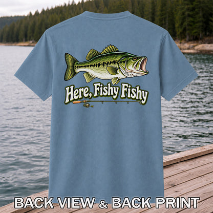 Here Fishy Fishy Funny Largemouth Bass Fishing Graphic T-Shirt | Back Print