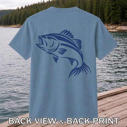 Blue Bass Fishing Line Art Graphic T-Shirt | Back Print
