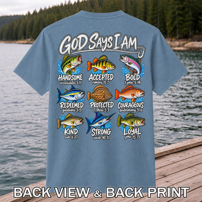 God Says I Am Christian Fish and Bible Verse Fishing Graphic T-Shirt | Back Print