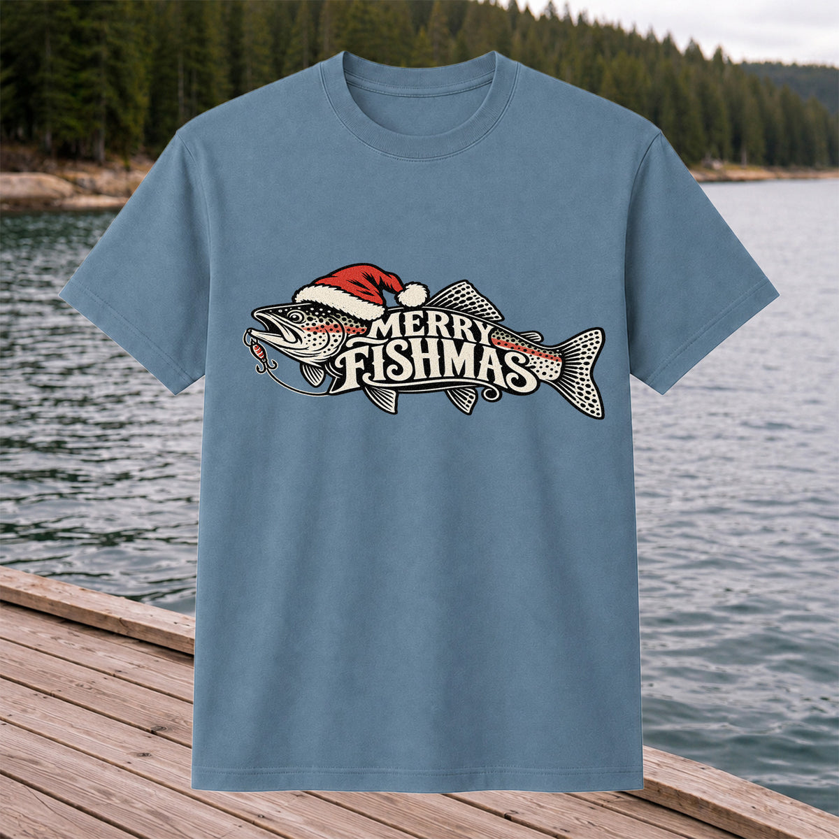 Merry Fishmas Rainbow Trout with Red Santa Hat and Lure Fishing T-Shirt