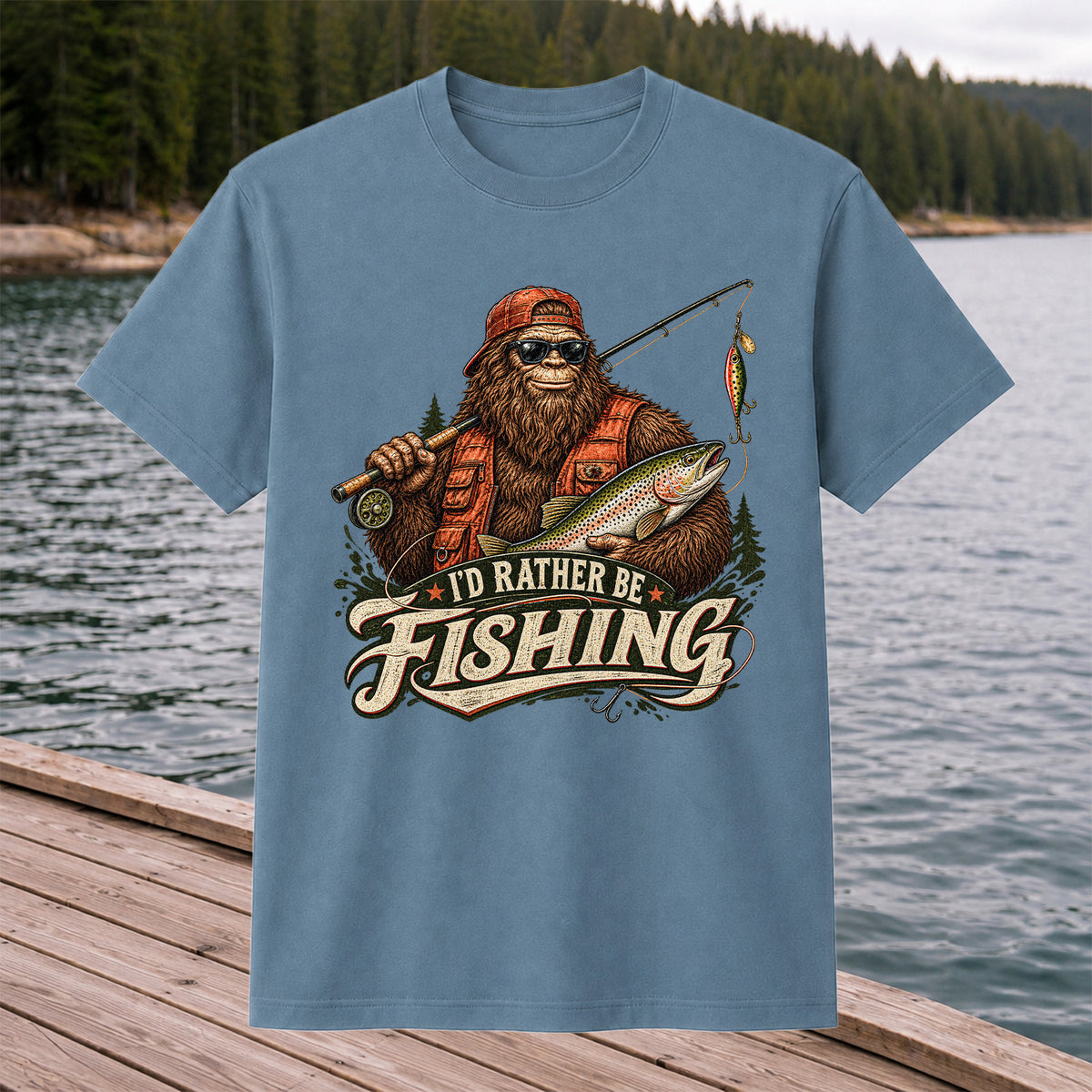Bigfoot Holding Trout Funny Fishing Graphic T-Shirt
