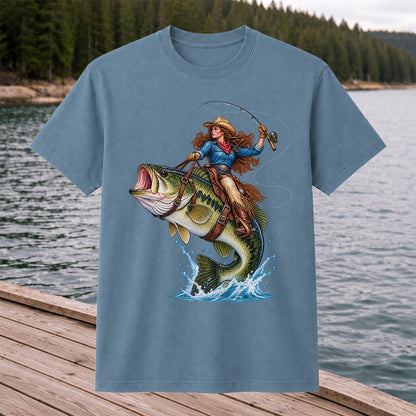 Cowgirl Riding a Largemouth Bass Fishing Graphic T-Shirt