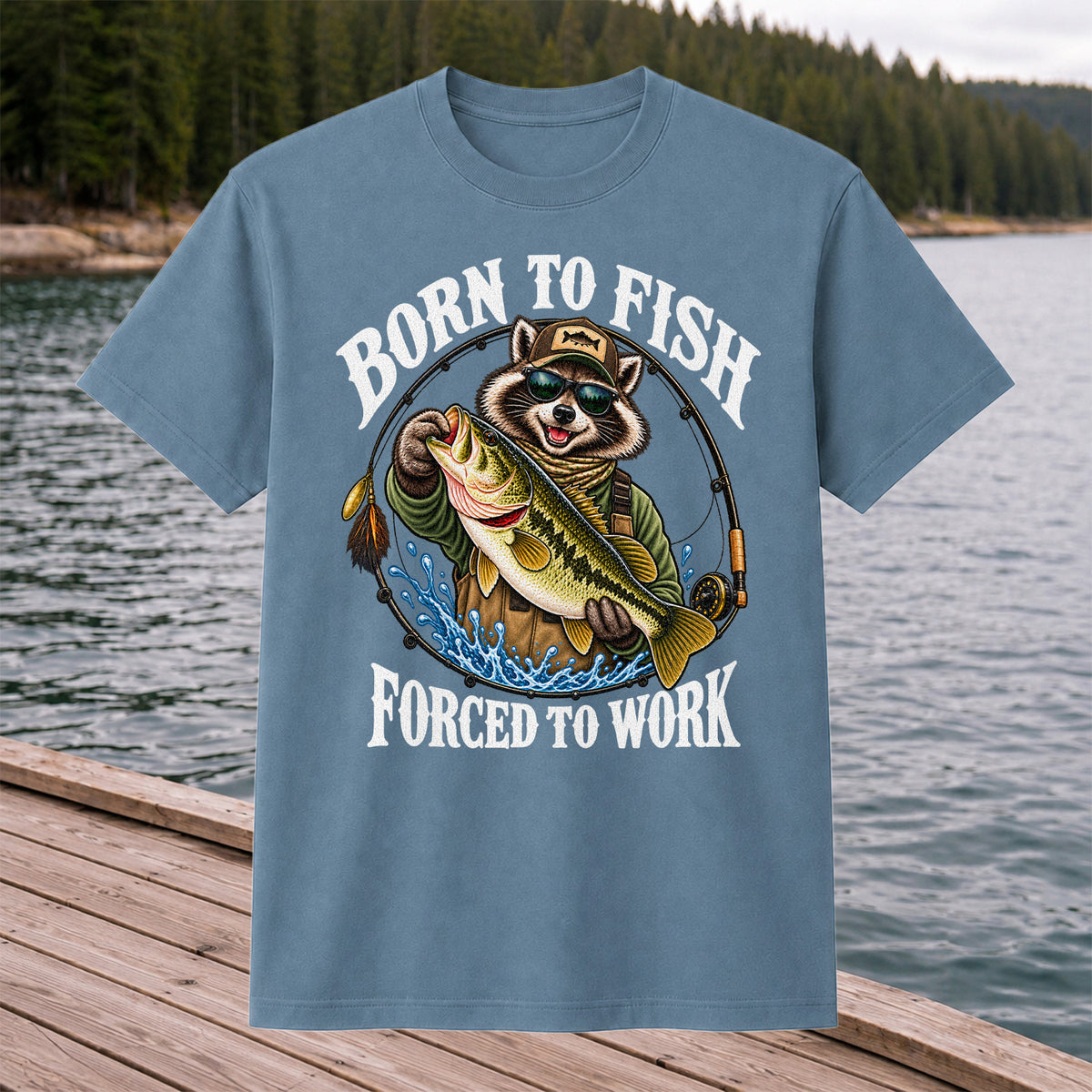 Born to Fish Forced to Work Raccoon Bass Graphic T-Shirt