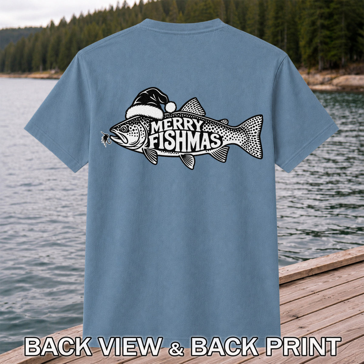 Merry Fishmas Black and White Trout Christmas Fishing T-Shirt | Back Print