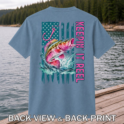 Keepin' It Reel Bass Fishing American Flag Graphic T-Shirt | Back Print