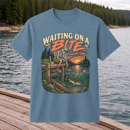 Waiting on a Bite Skeleton Bass Fishing Graphic T-Shirt