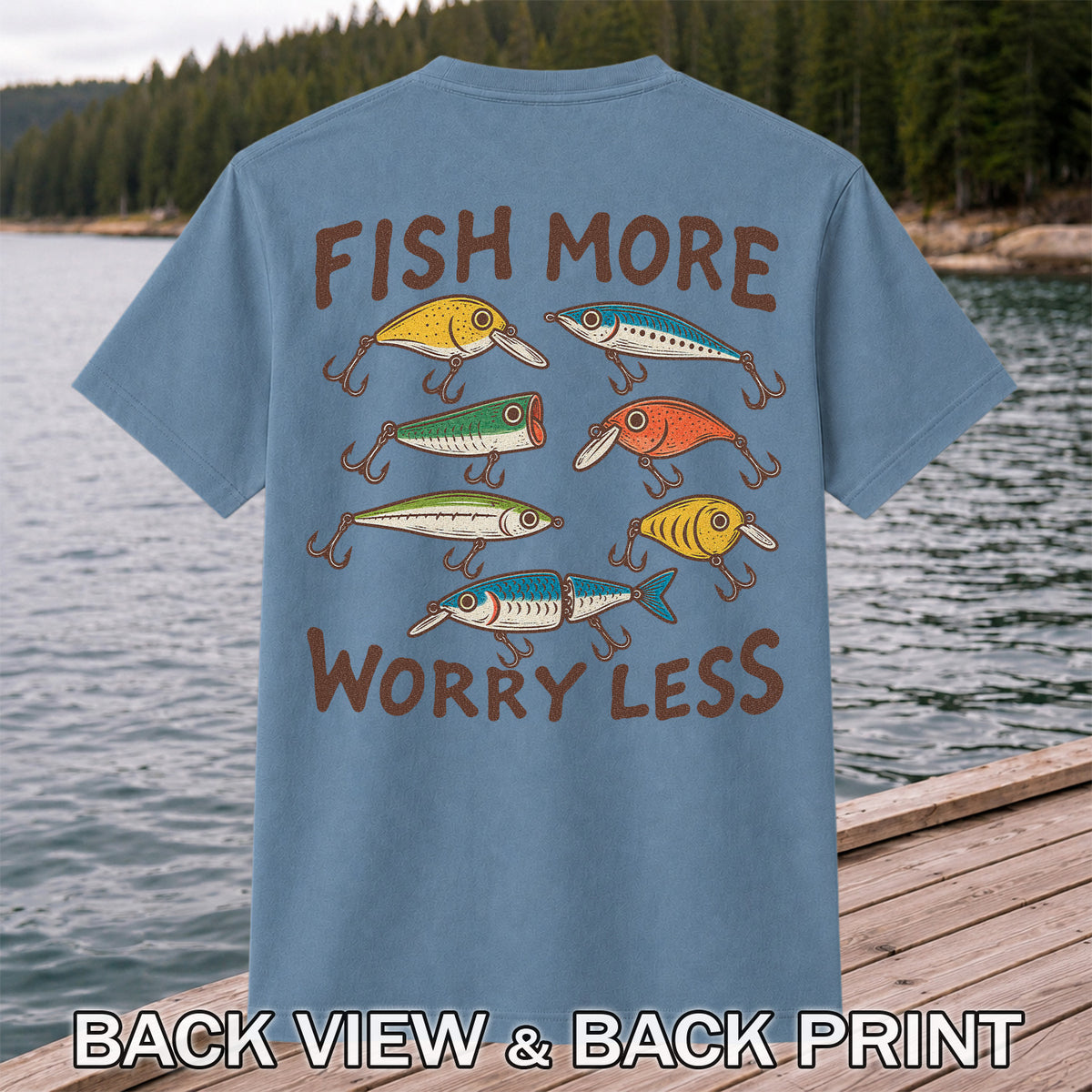 Colorful Fishing Lures and Hooks Graphic T-Shirt | Back Print